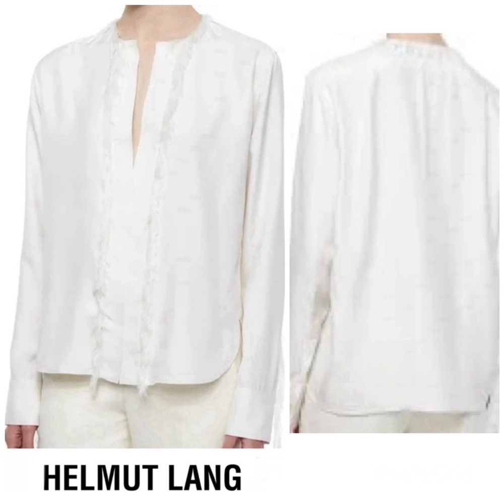 HELMUT LANG Twill Silk Feather Trim Ecru / White Fringe Long Sleeve Blouse Sz XS